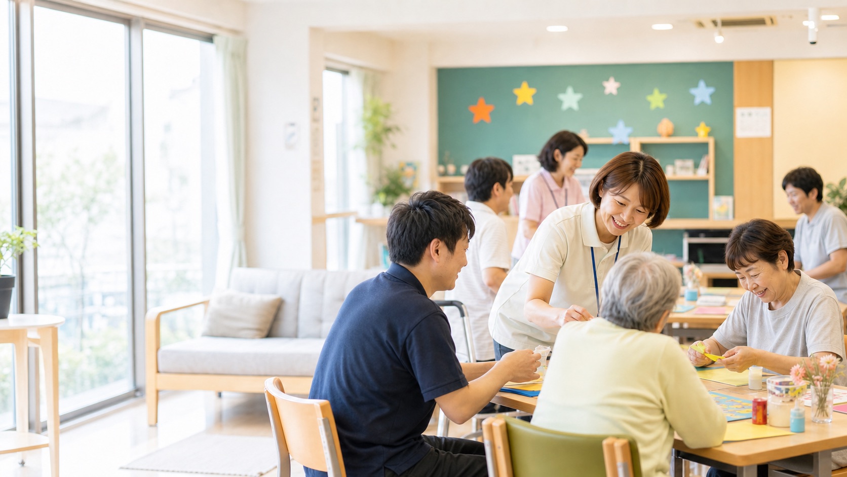 生活介護の活動を楽しむ利用者さんと職員