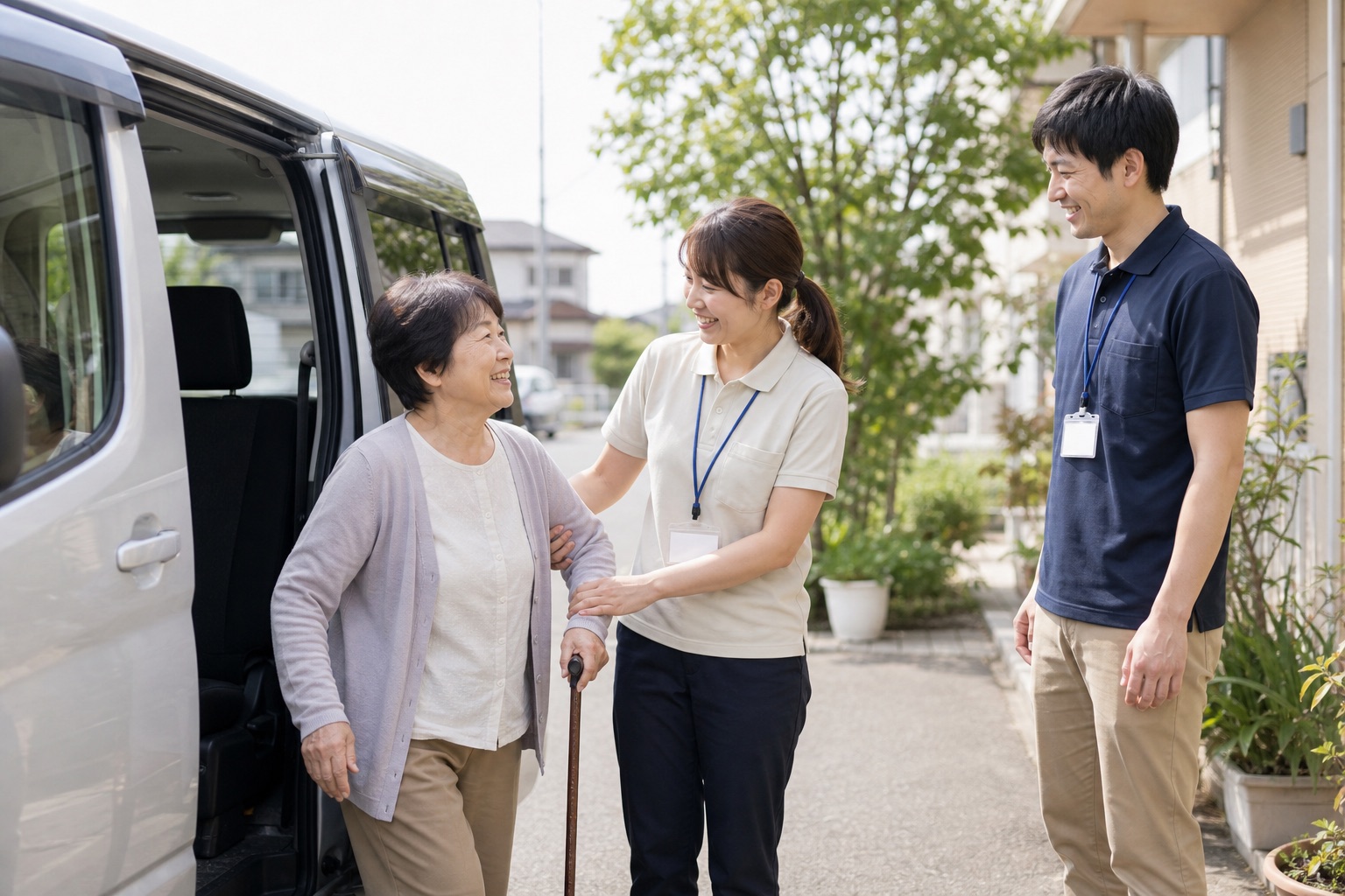 送迎で到着した利用者さんを迎える様子