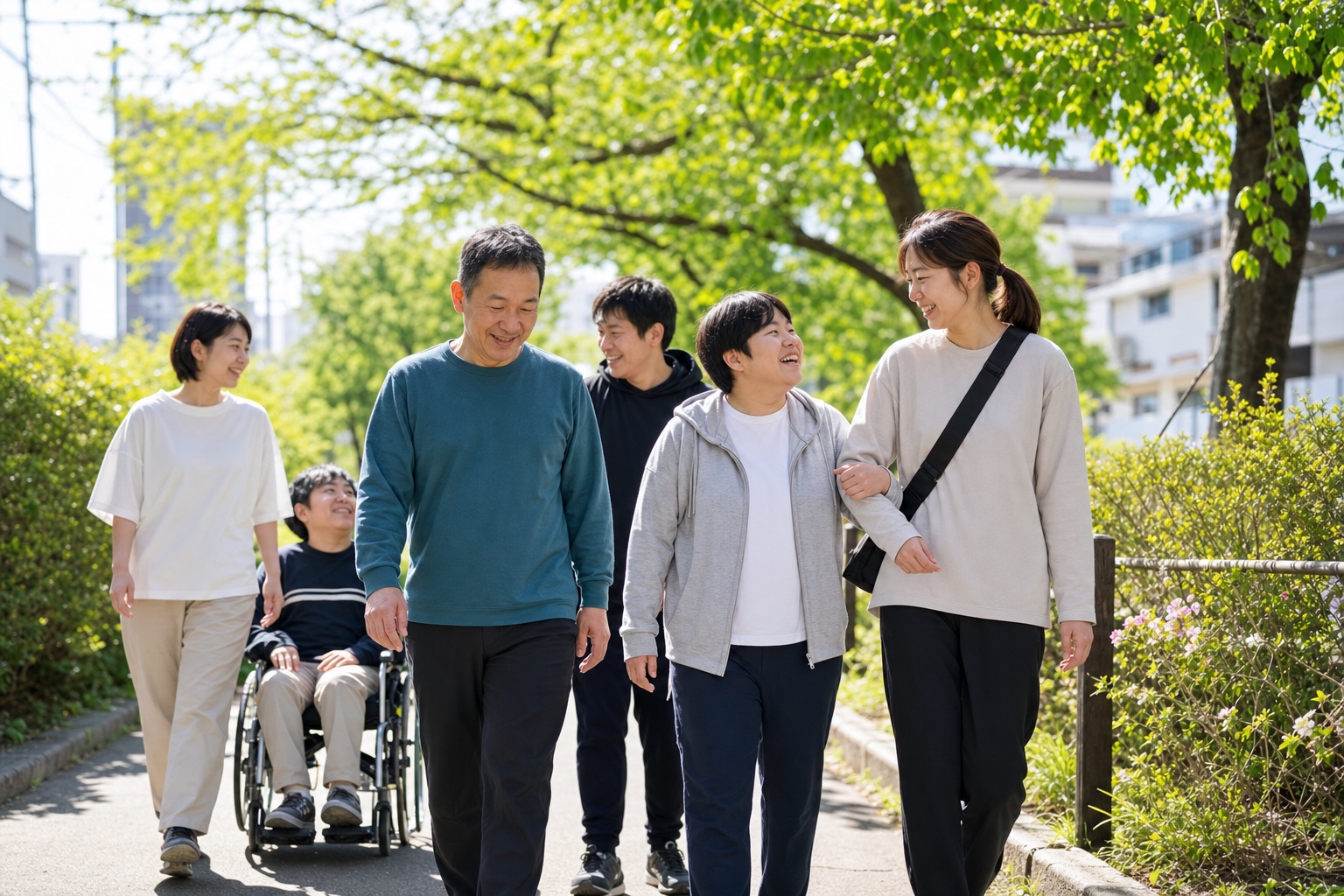 生活介護で公園を散歩する利用者さんと職員