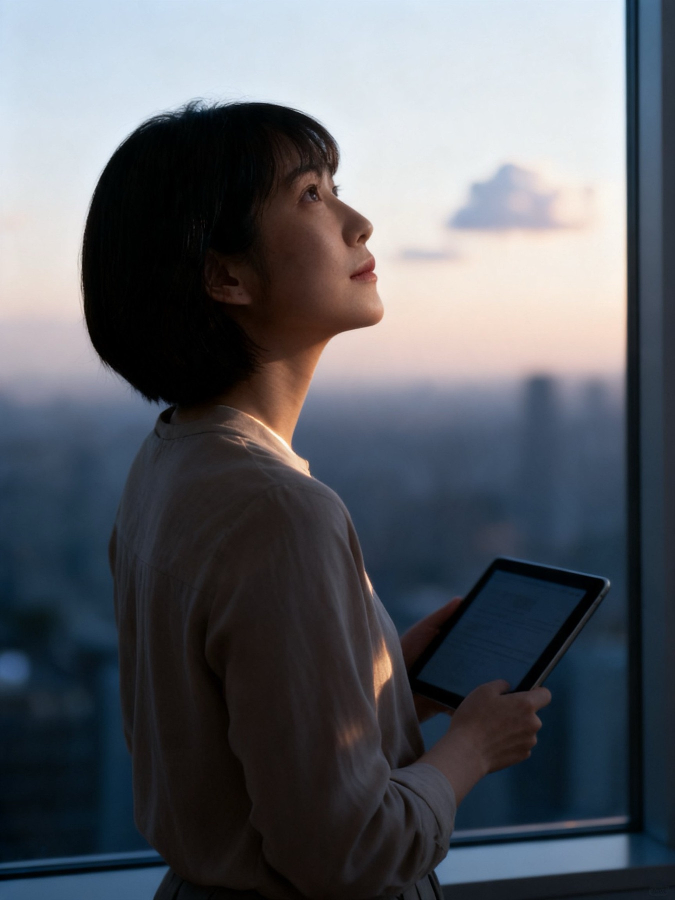 窓辺でタブレットを見る設計担当（イメージ）