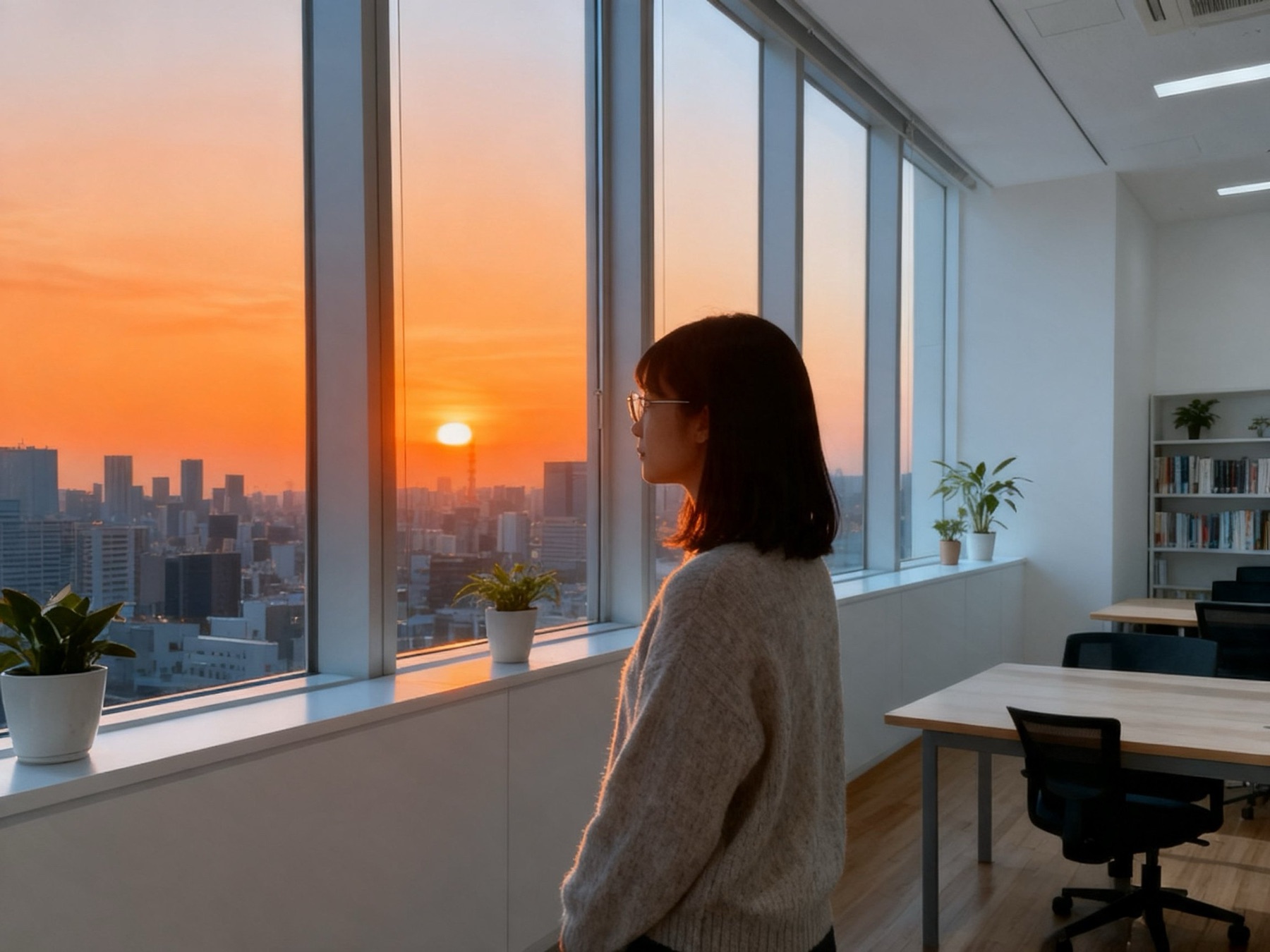 夕方の現場事務所の窓辺(イメージ)