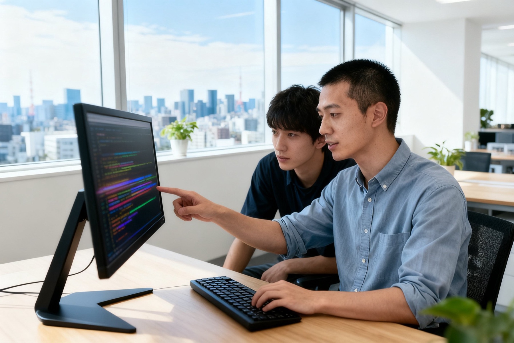 画面のデータを見ながら相談する技術開発の社員（イメージ）
