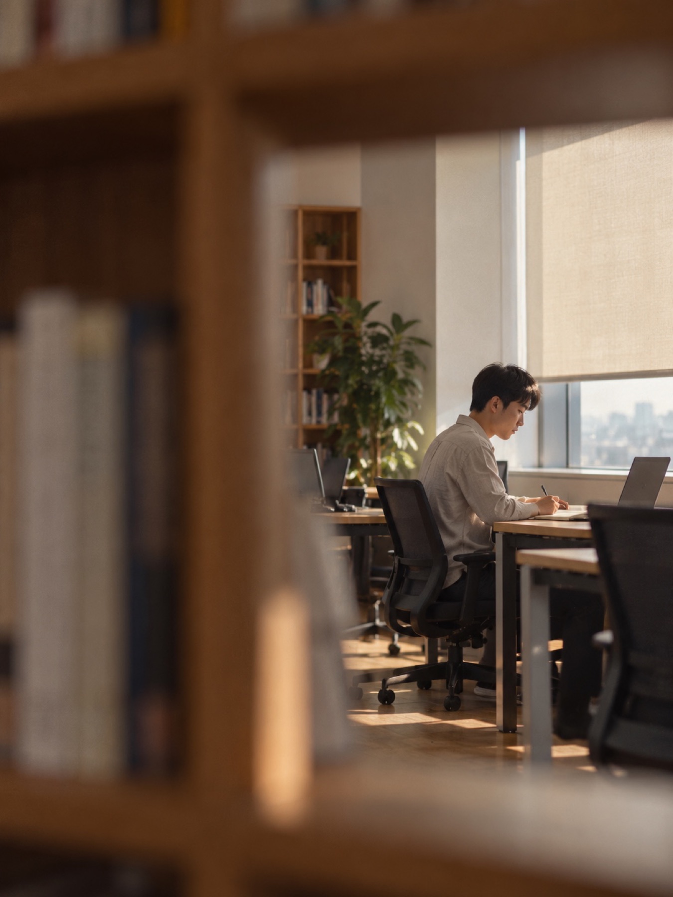窓の外を見ながら働く社員(イメージ)