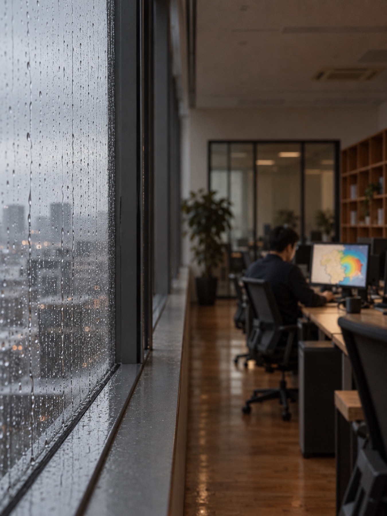 雨の日、事務所で図面を確かめる社員（イメージ）