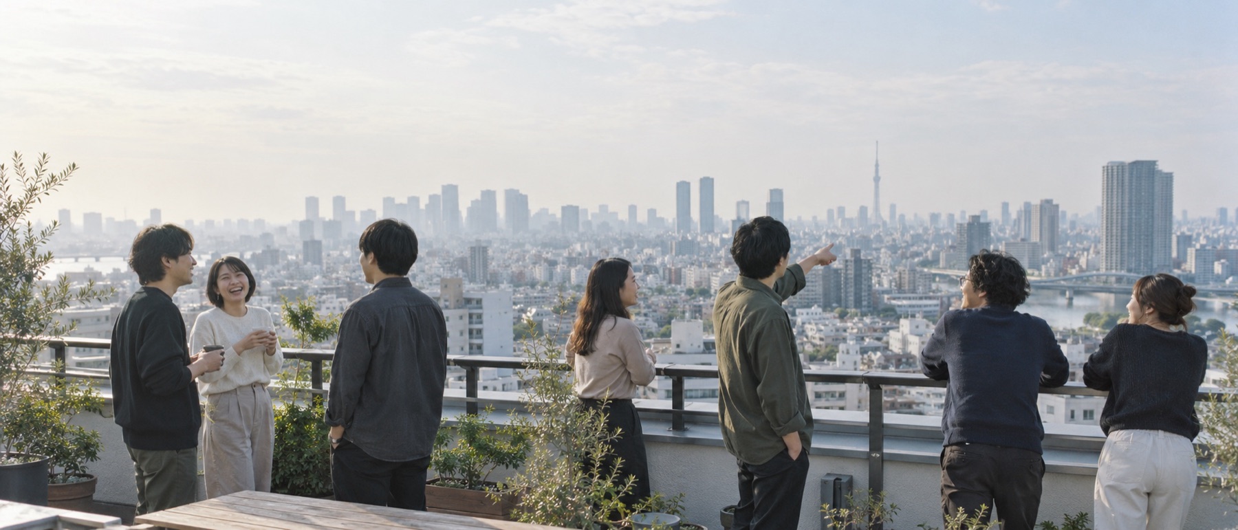 竣工した建物の屋上に集まった社員たち(イメージ)