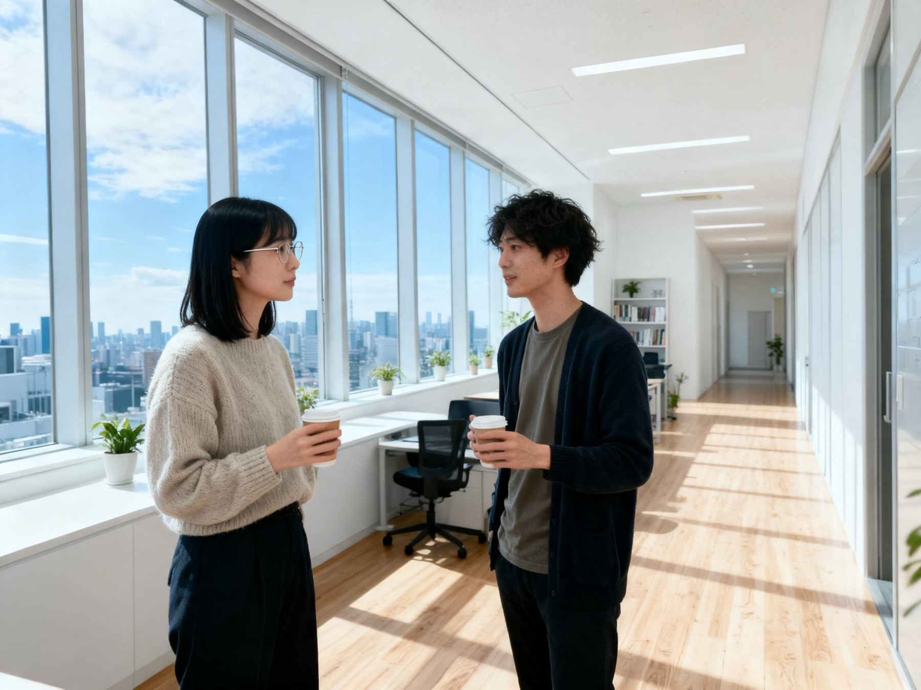 先輩とコーヒーを持って話す佐伯さん（イメージ）
