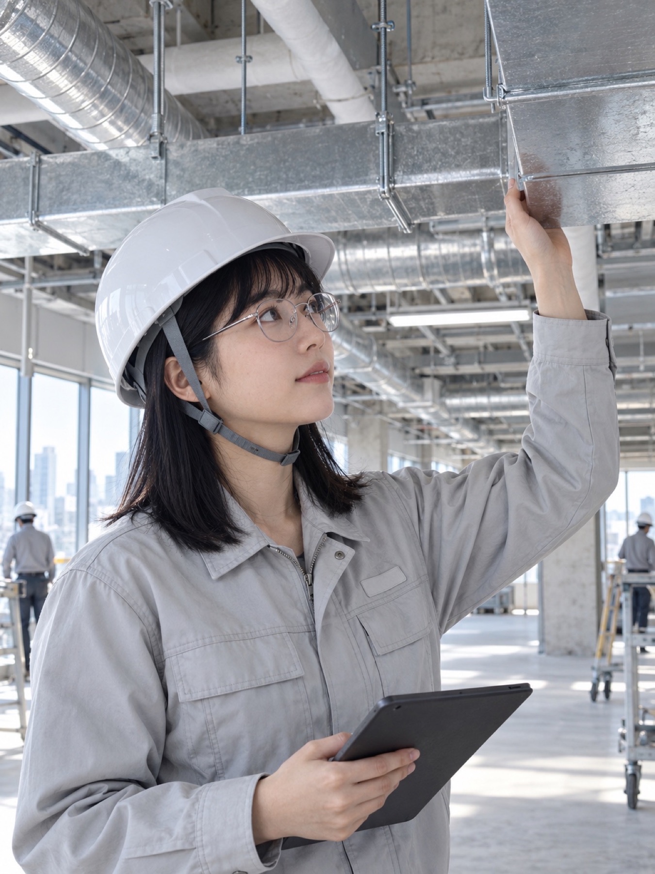 建設中の階で、天井のダクトを見上げて確かめる社員(イメージ)
