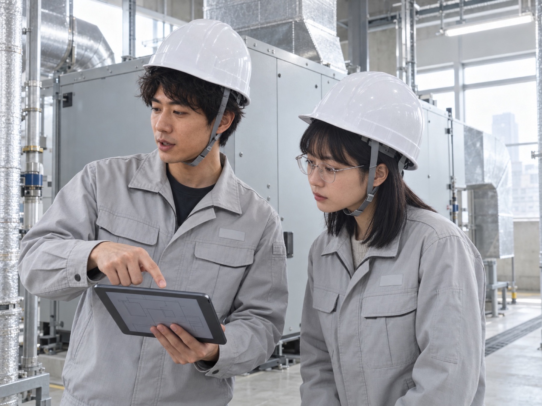 機械室で施工図を一緒に見る先輩と後輩（イメージ）