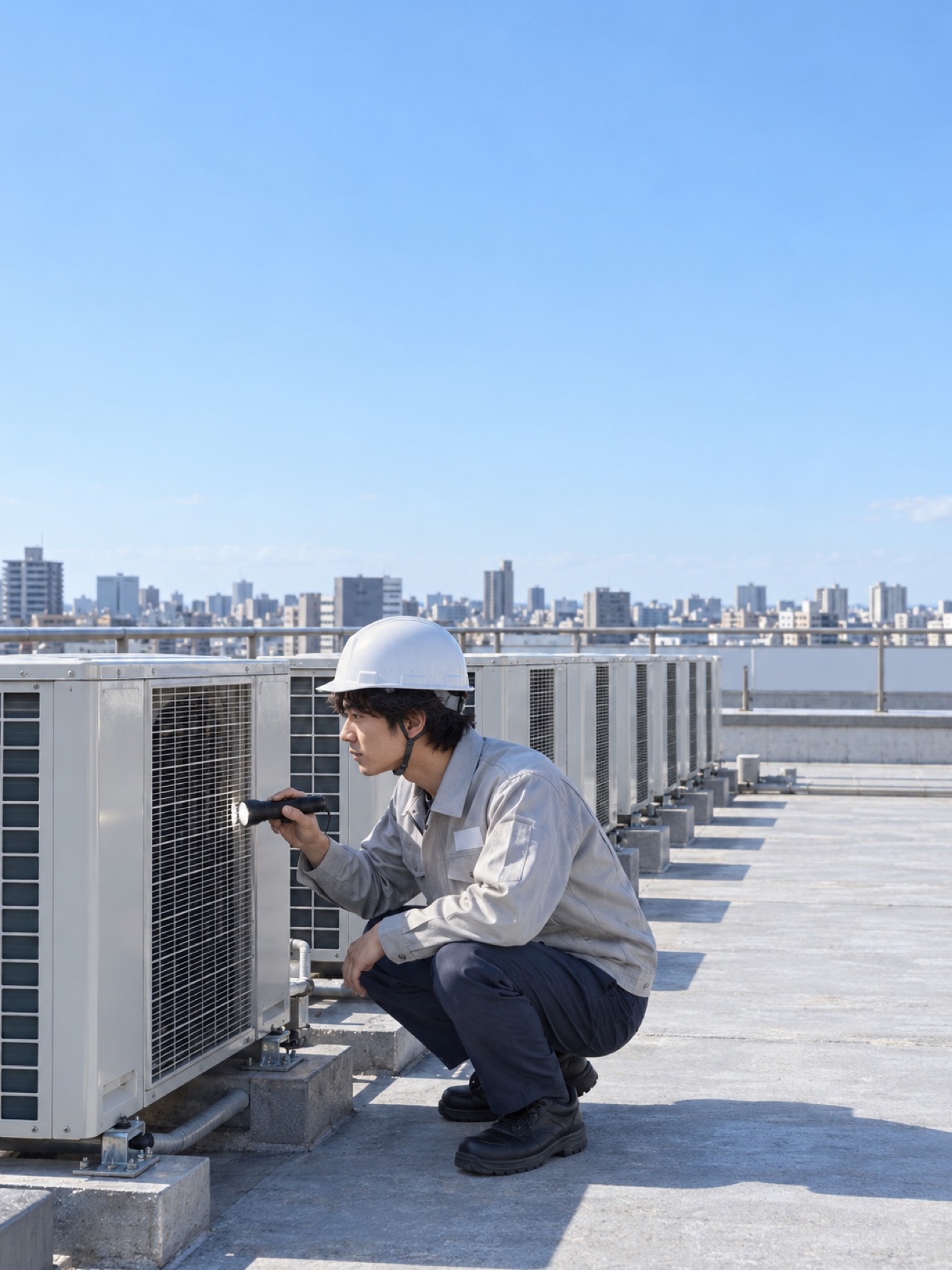 屋上の室外機を点検する社員（イメージ）