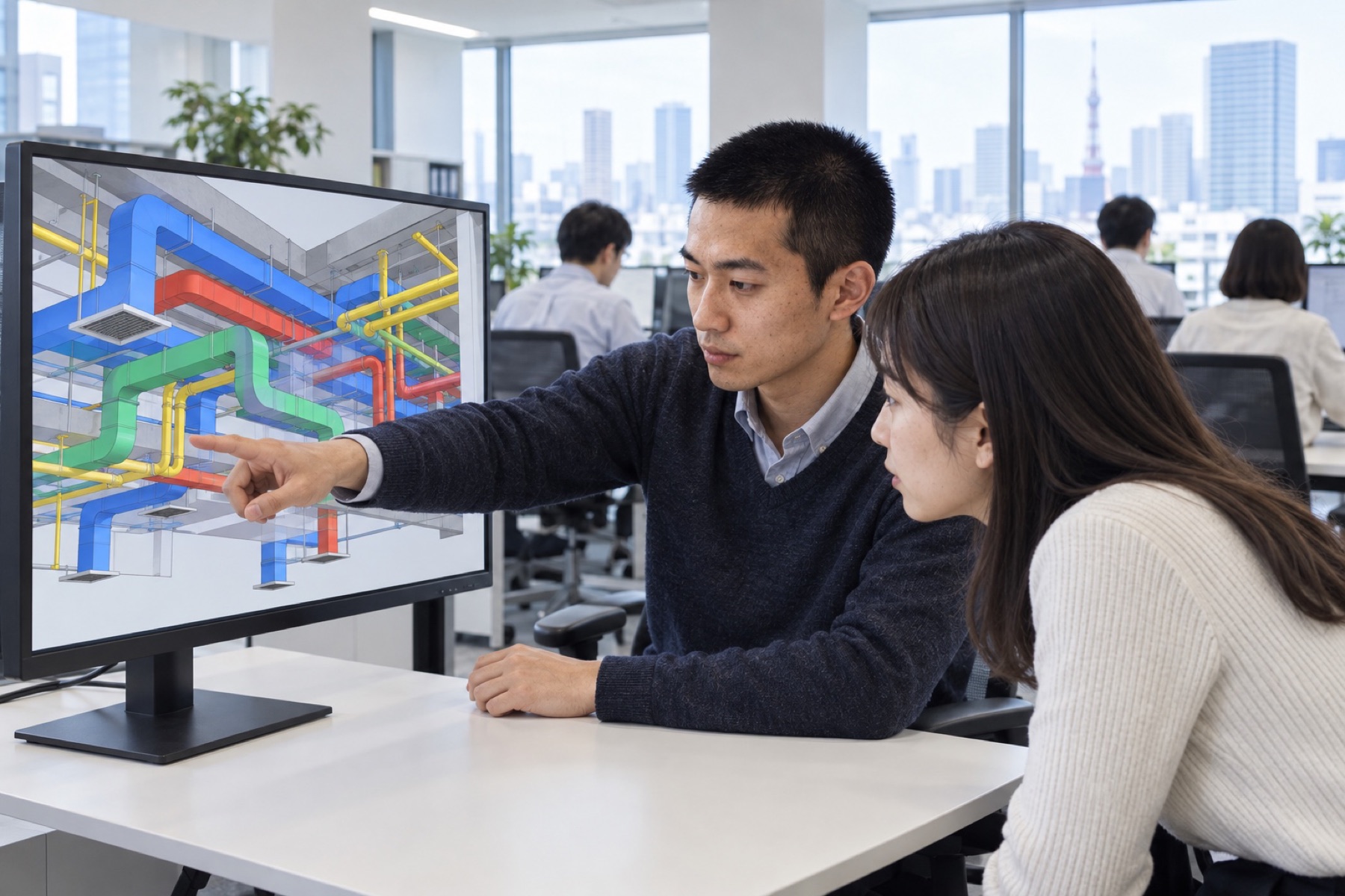 BIM の3Dモデルを見ながら話す設計の社員（イメージ）