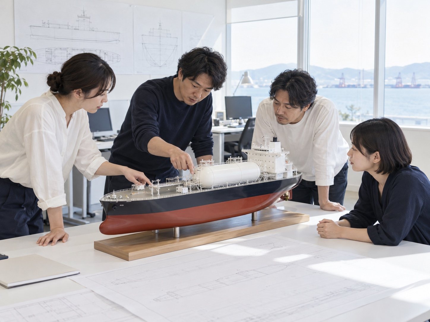アンモニア燃料の船の模型を囲む設計者たち