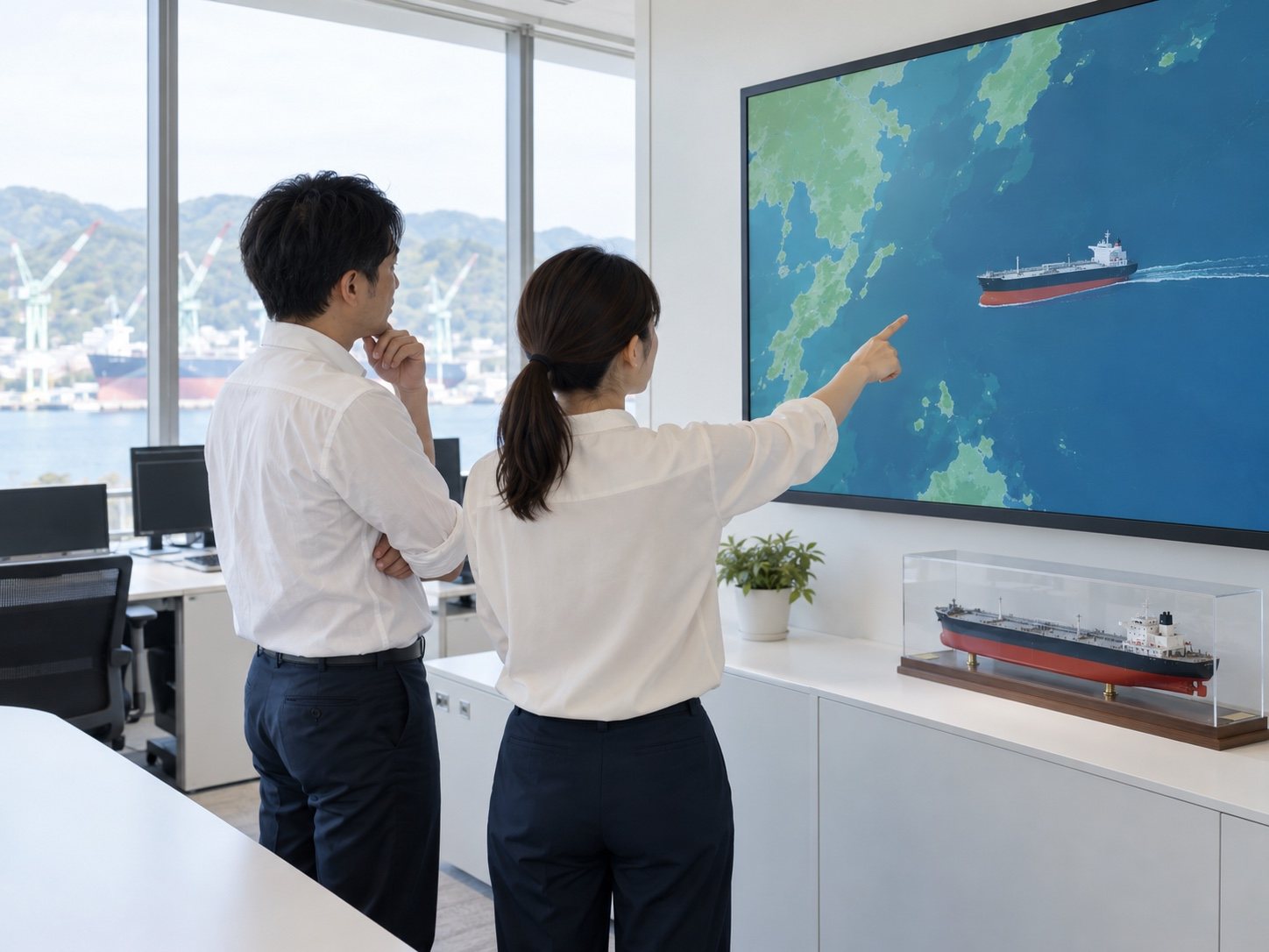 大きな画面に船の位置が映る運航支援の部屋