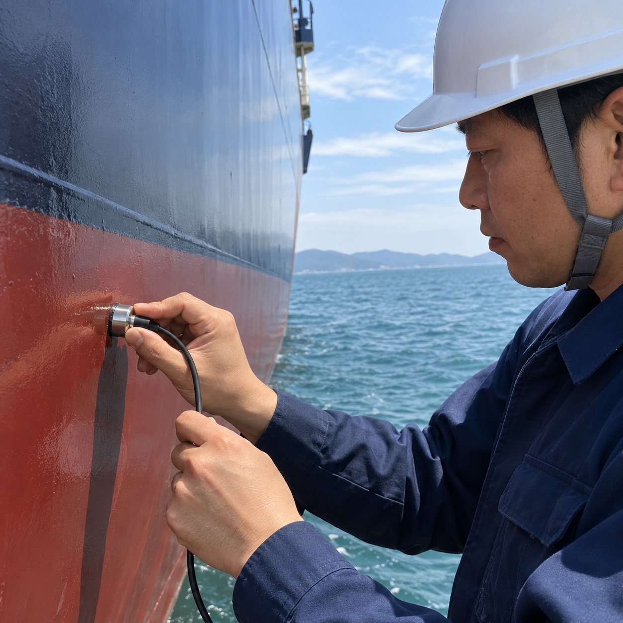 外板に計測器を当てて厚さを測る技術者