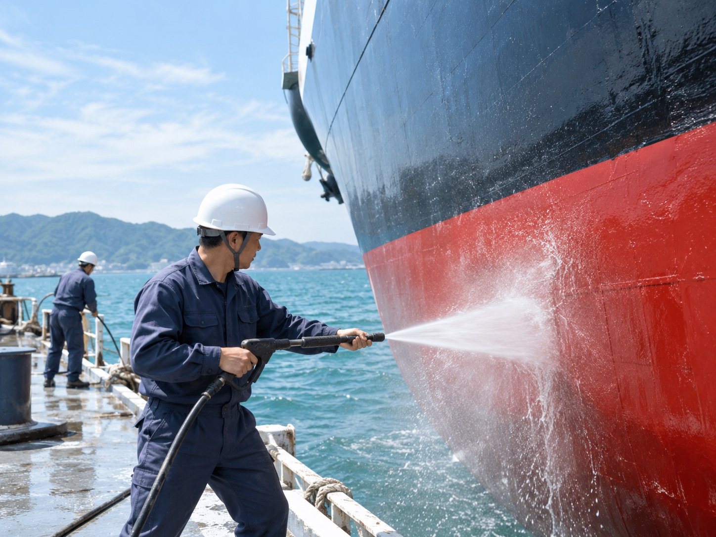 船底を高圧の水で洗う作業員