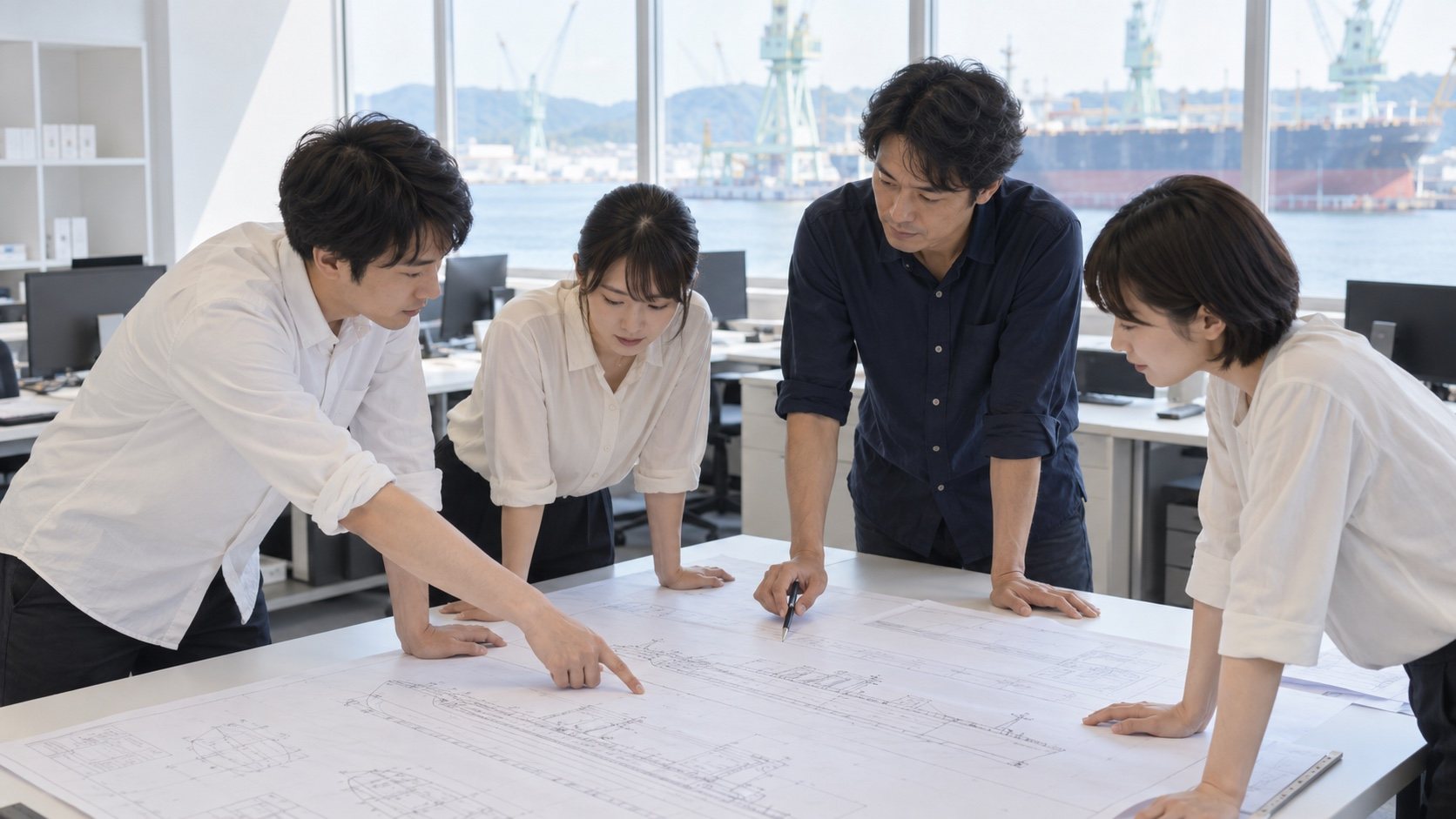 設計室で大きな図面を広げて話し合う設計者たち