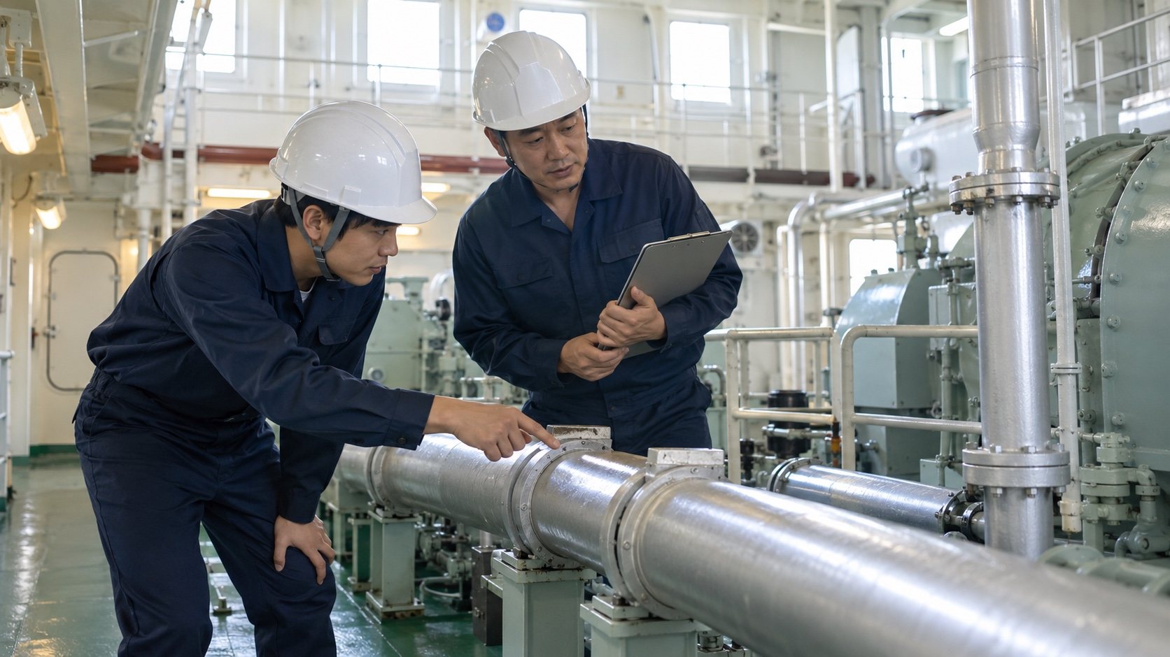 機関室で銀色の二重の配管を確かめる技術者と検査員
