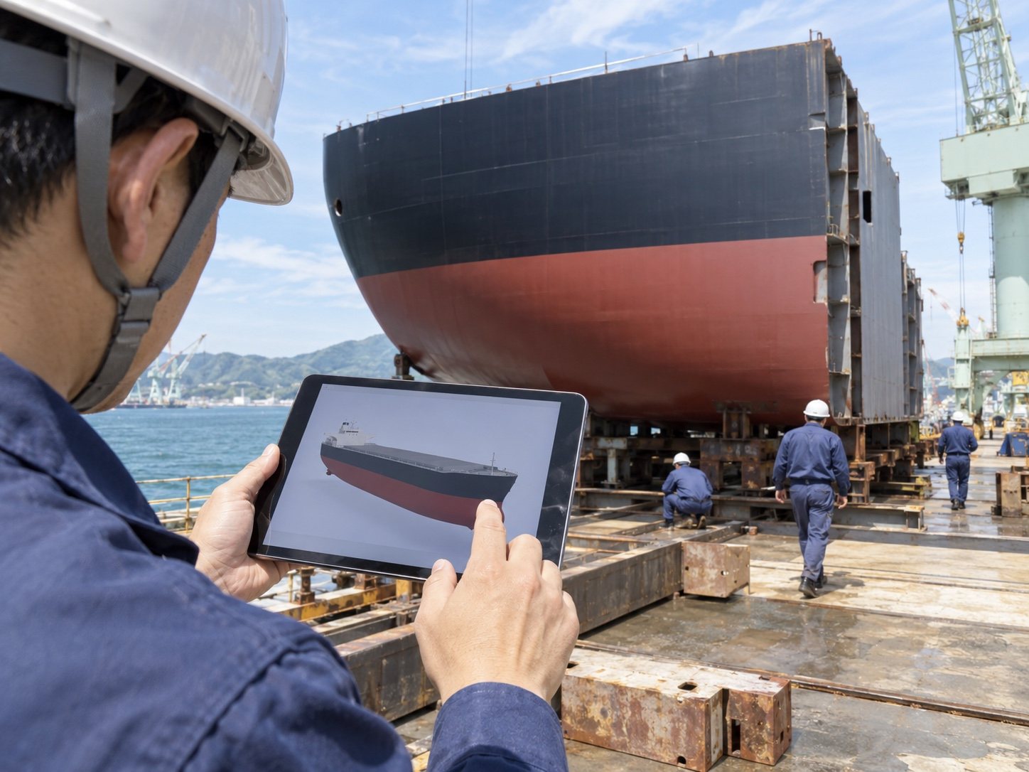 ブロックの前でタブレットの3D模型を確かめる作業員
