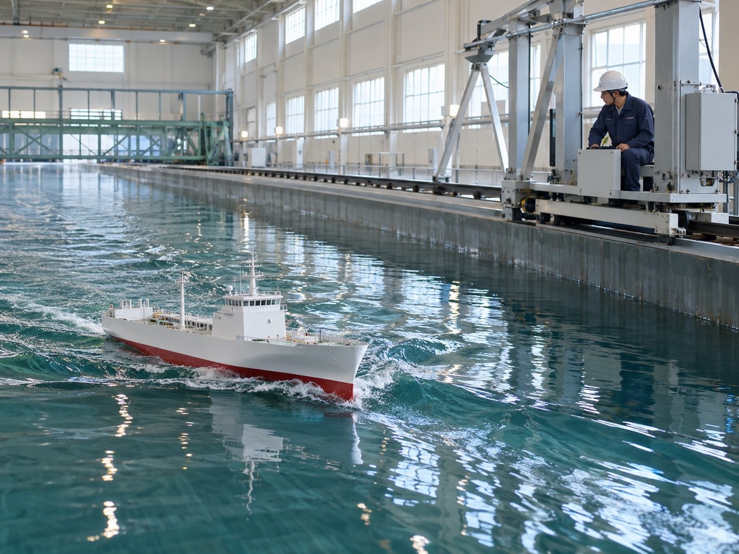 水槽で波を立てて進む船の模型