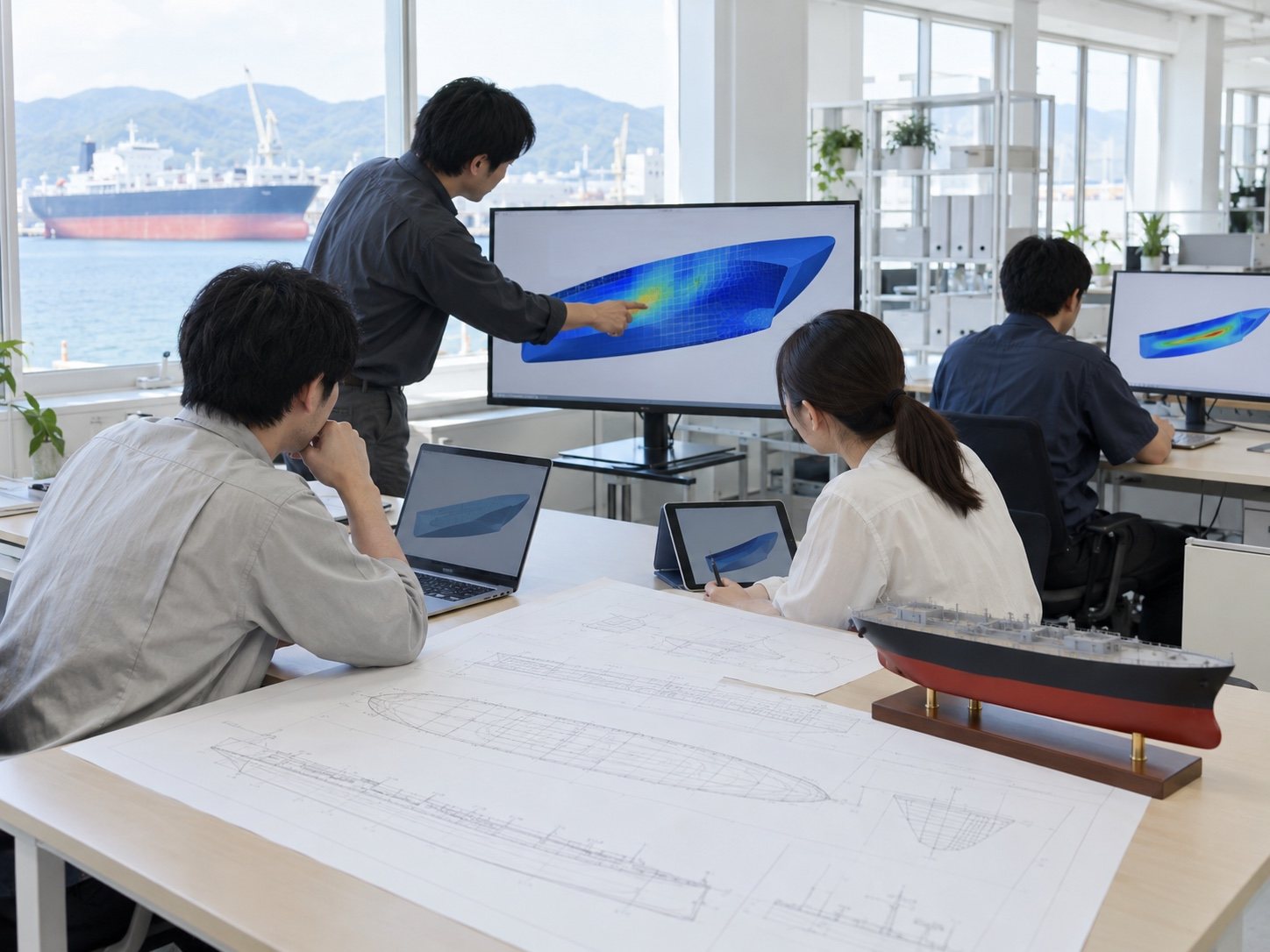 画面に色分けされた船体の揺れの解析結果