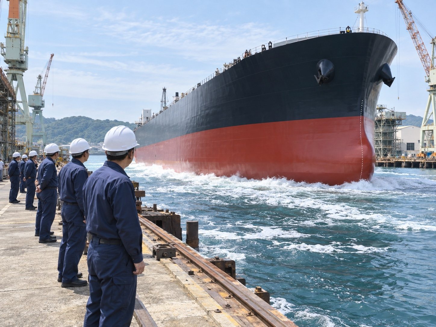 注水が始まったドックと、浮かび始めた船体