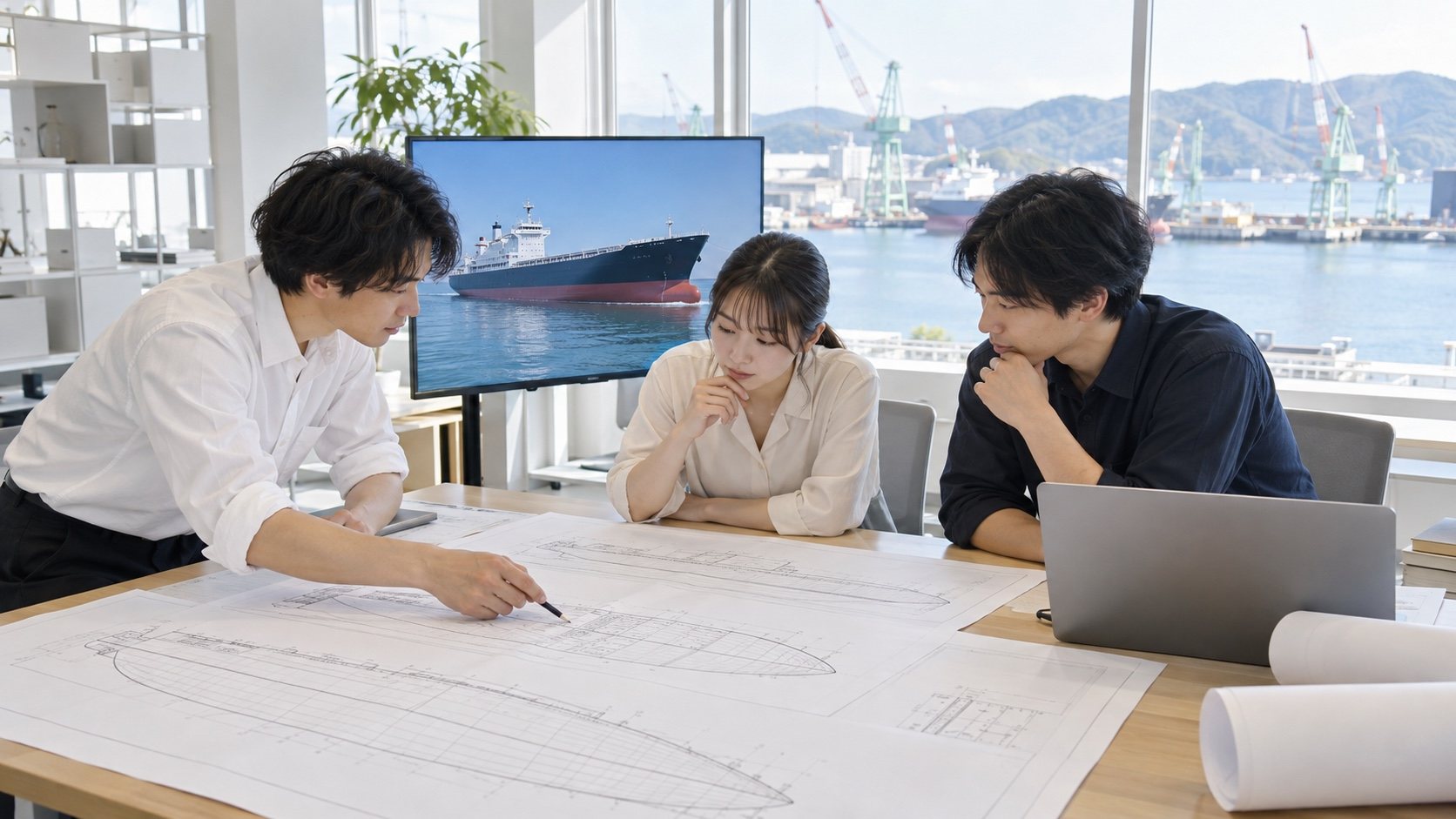 設計室で、船体の図面を囲んで話す設計チーム