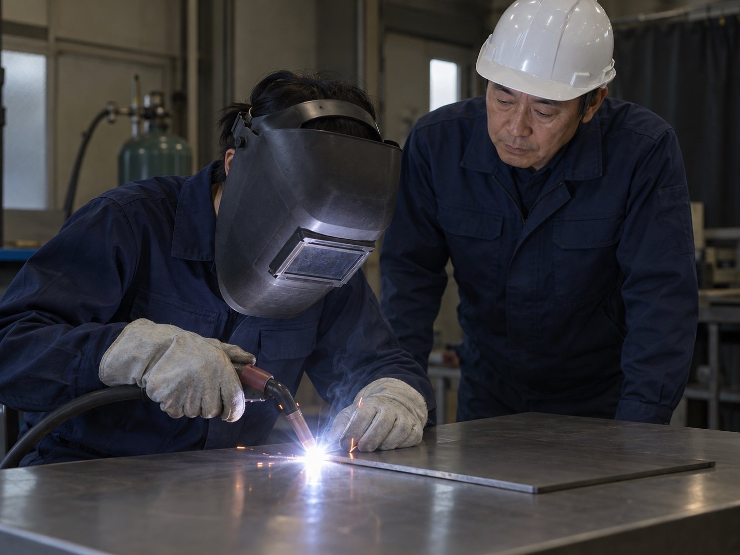 汐見技能センターで、溶接の実習をする新入社員と指導員