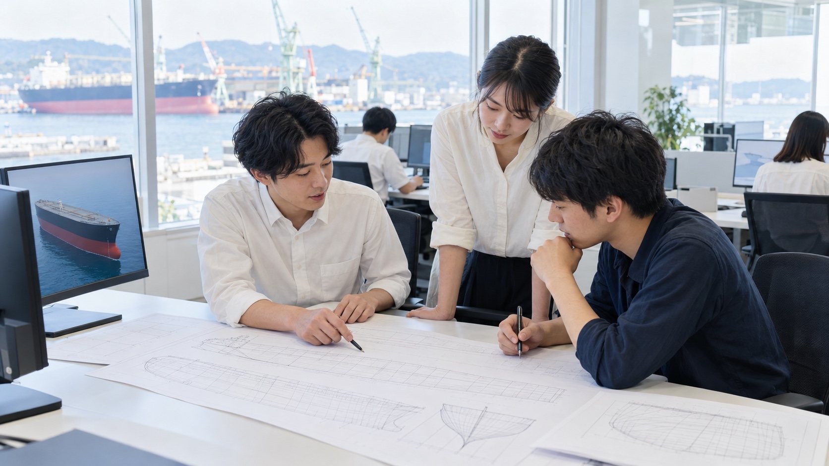 設計室で、社員と一緒に船体の図面を囲む学生