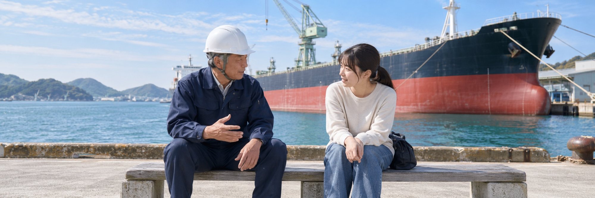 岸壁のベンチで、先輩社員に質問する学生