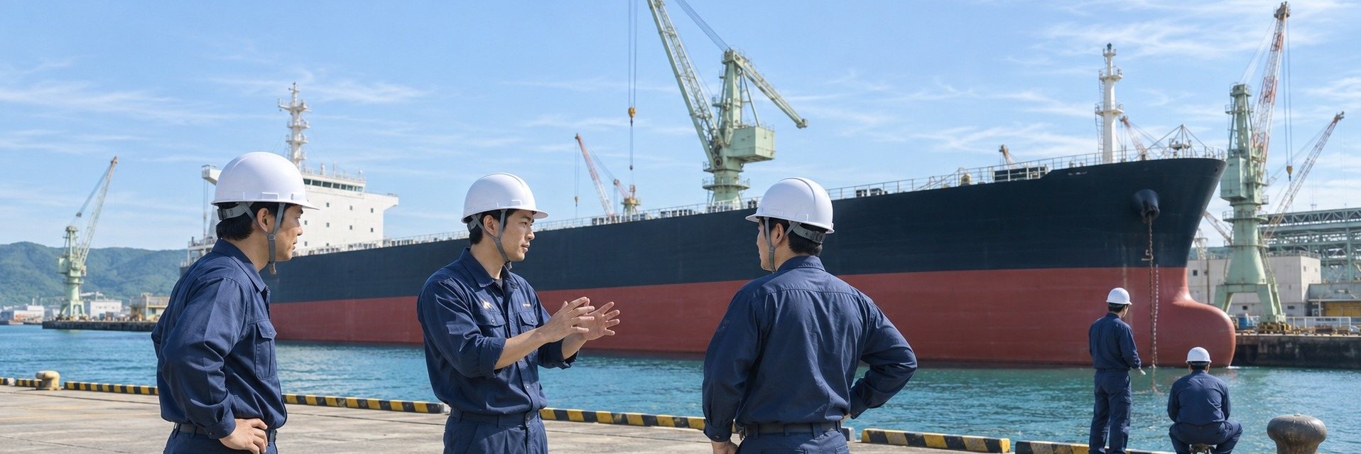 岸壁に並ぶ社員と、背景の船体