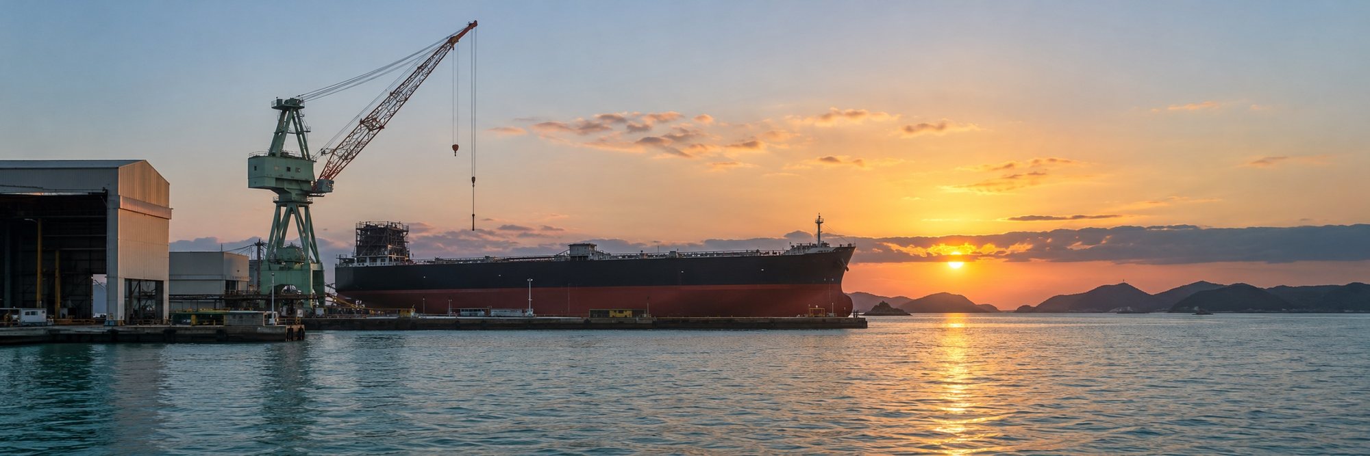 汐見寮の窓から見える、夕方の汐見工場のクレーン