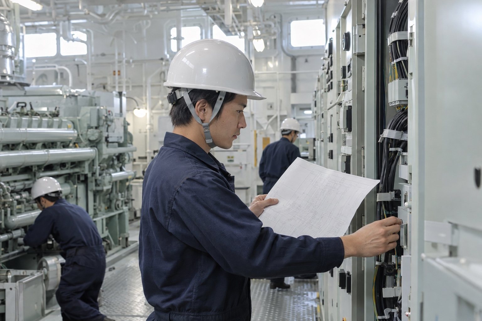 機関室の配電盤の前で、ケーブルを確かめる澪重工の社員