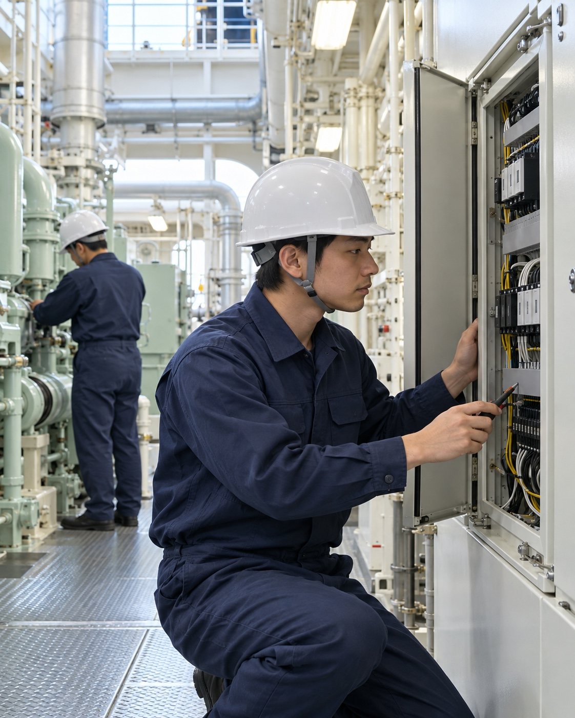機関室の配電盤を確かめる技術者
