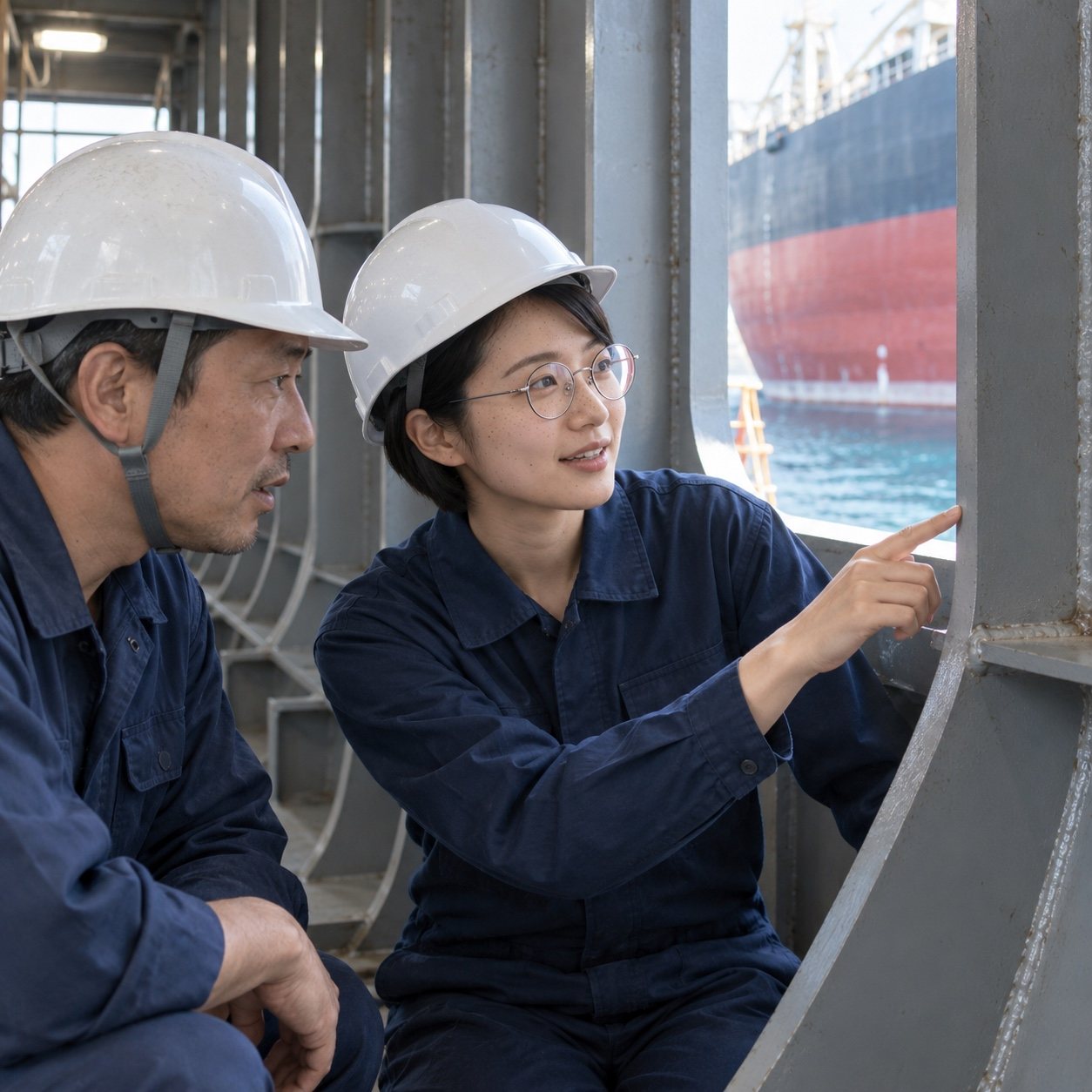ブロックの内側で溶接の班長と話す岬 ことは