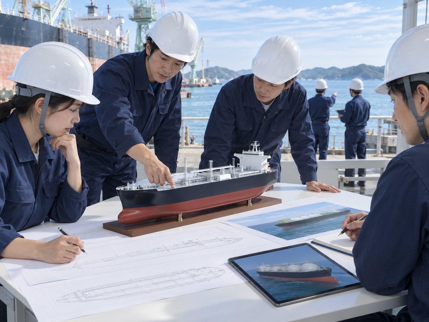 新しい燃料の船の模型を囲む設計者