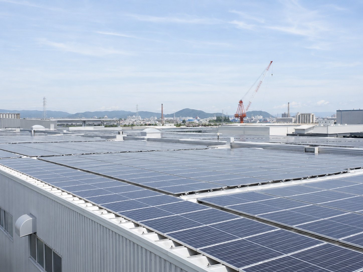 工場の屋根に並ぶ太陽光パネル