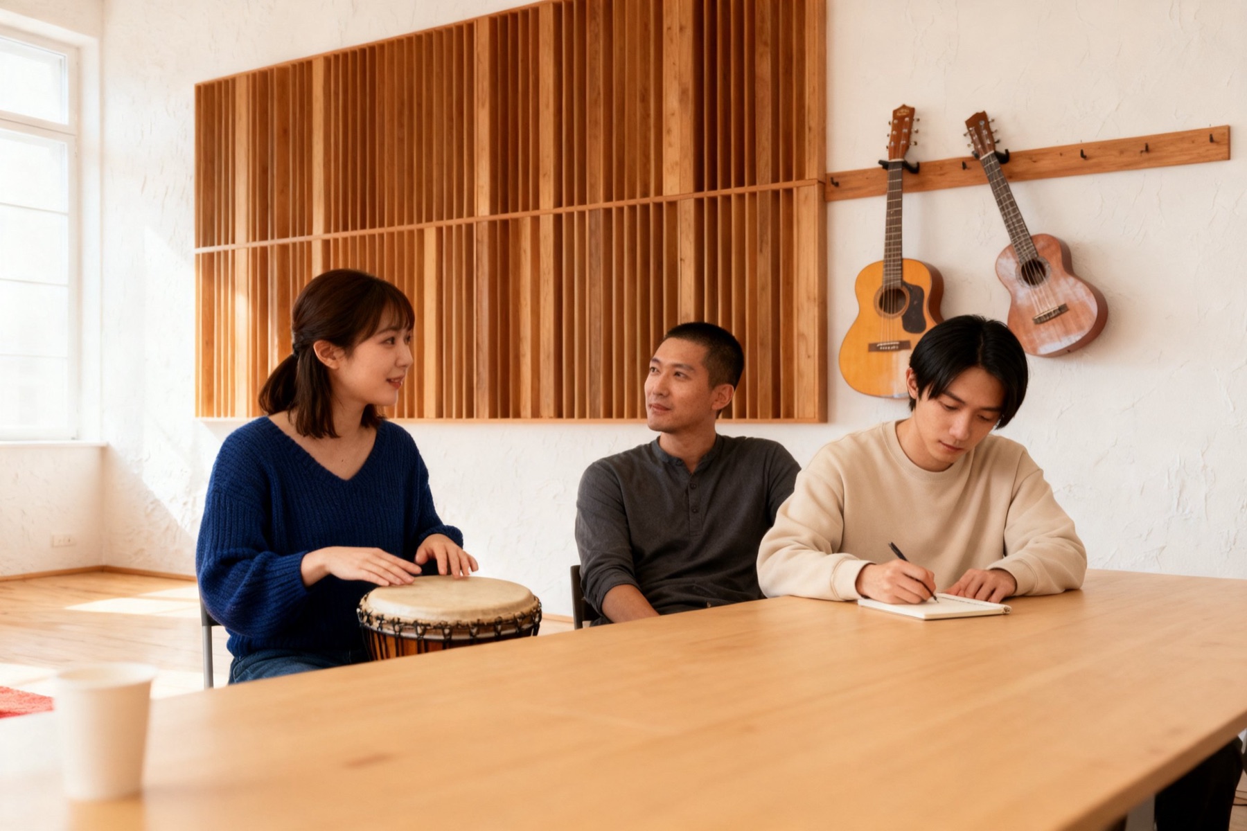 長い机での打ち合わせ。小さな太鼓を叩いて音で説明するメンバー（イメージ）