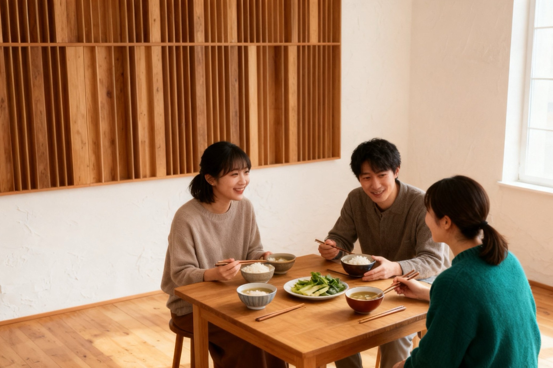 スタジオの小さな台所で、昼ごはんを食べながら話す3人（イメージ）