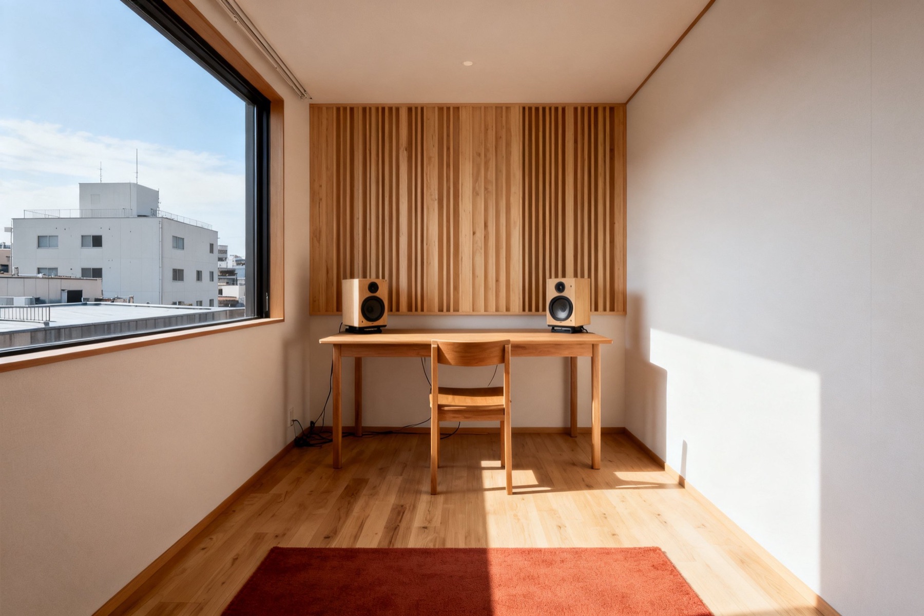 東京サテライトの部屋。机と小さなスピーカー2台（イメージ）