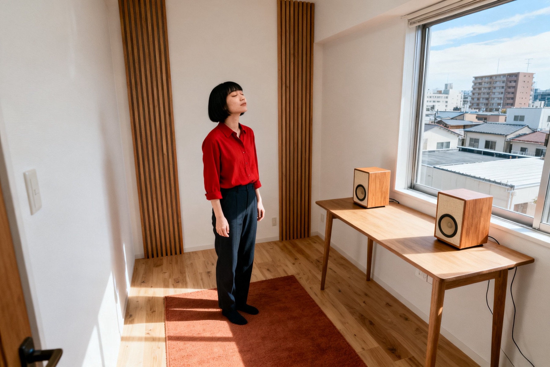 東京サテライトの部屋。机と小さなスピーカー2台（イメージ）