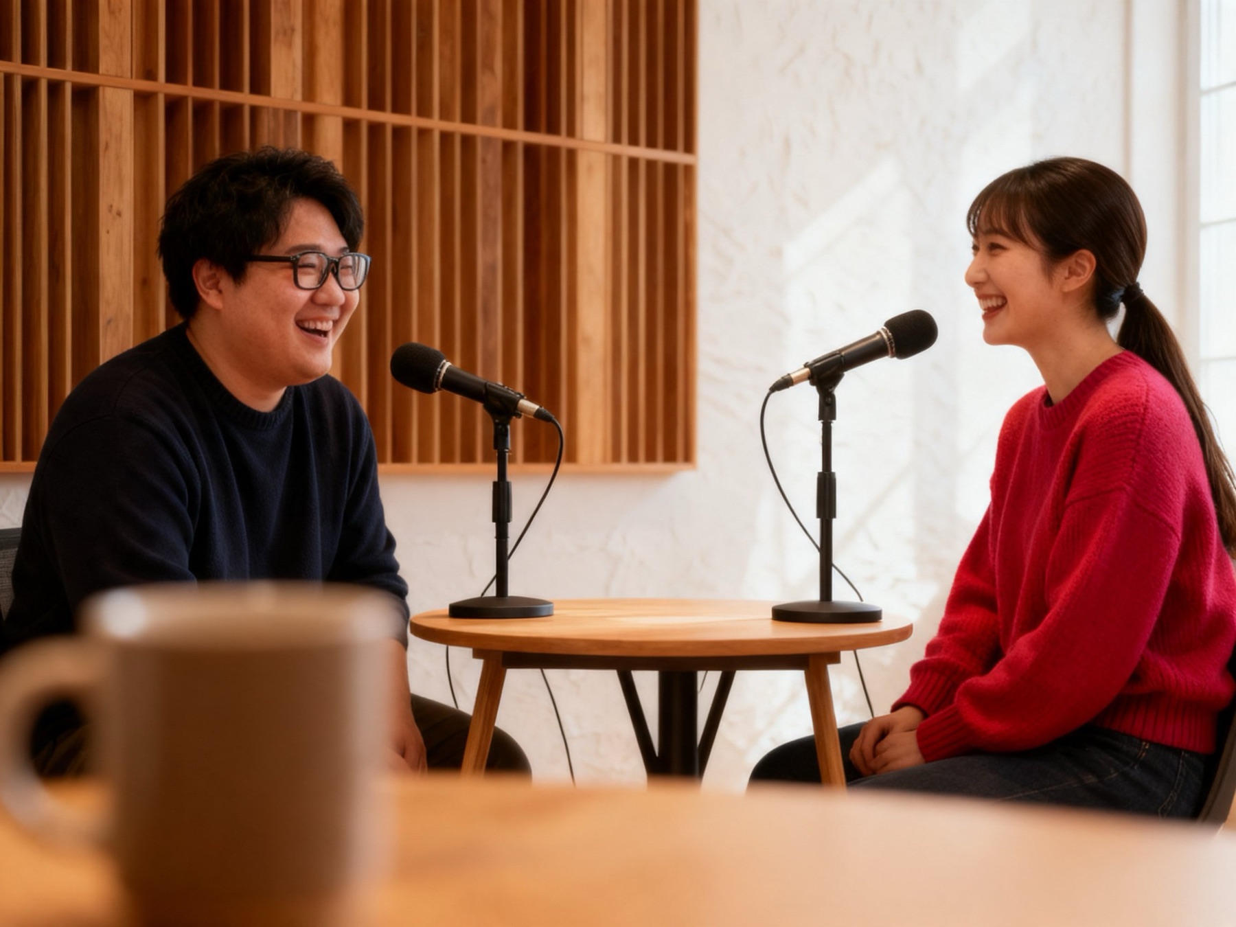 小さな机でマイクを挟み、笑いながら話す2人（イメージ）