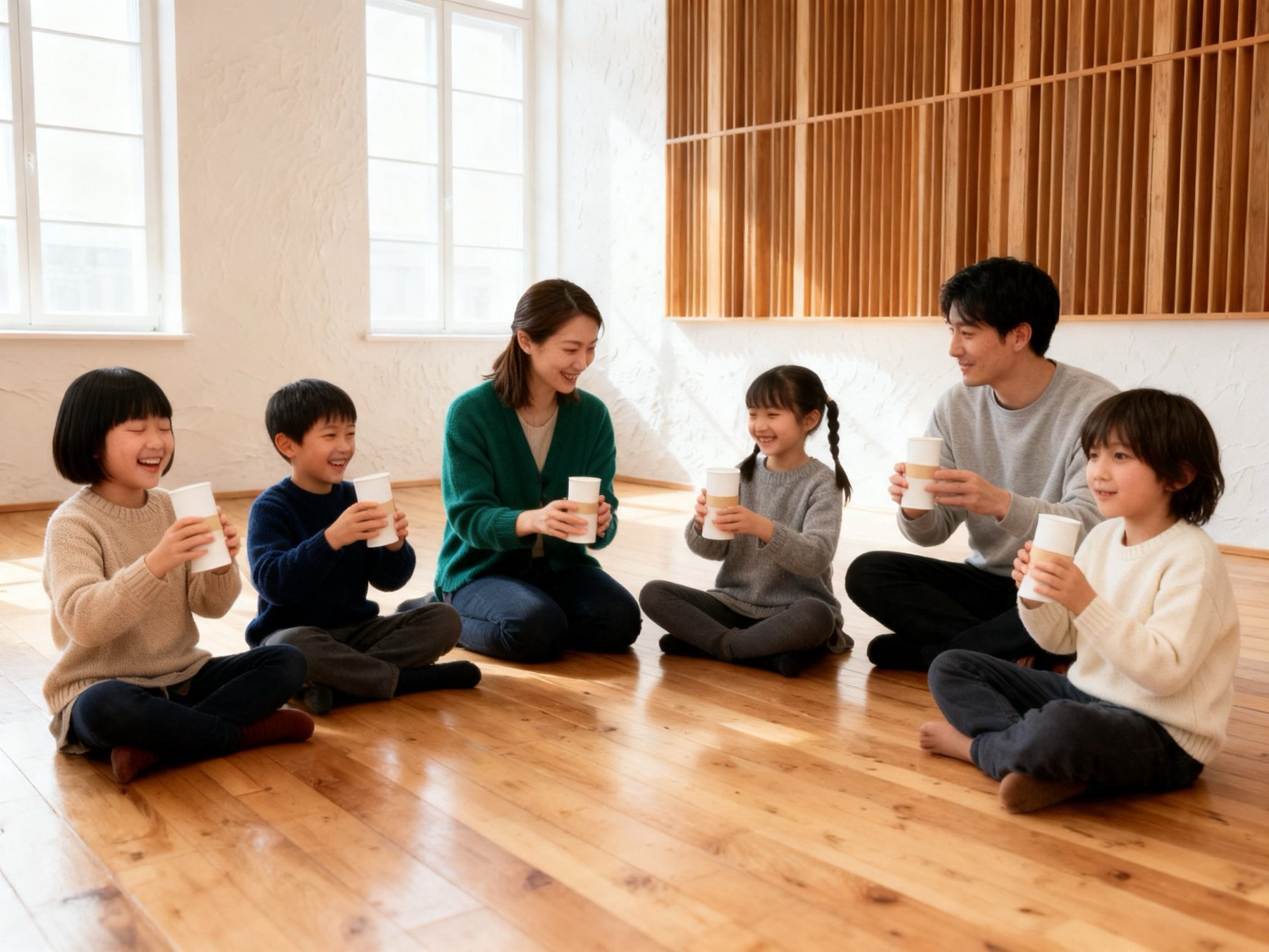 床に座った子どもと大人が、紙コップのシェイカーを振っている(イメージ)