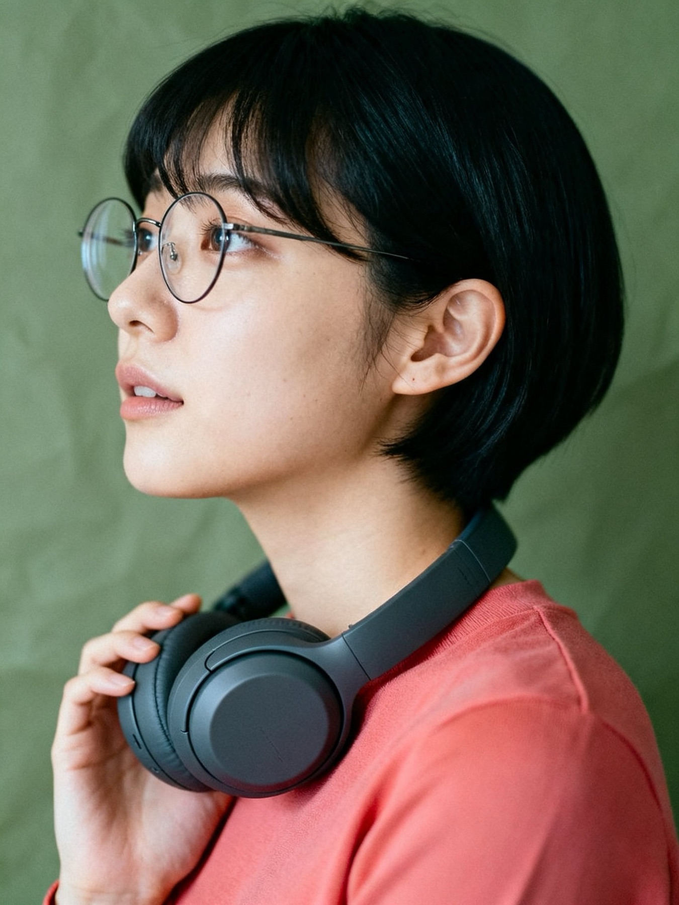 サウンドデザイナー・20代女性。首のヘッドホンに手を添える（イメージ・架空の人物）