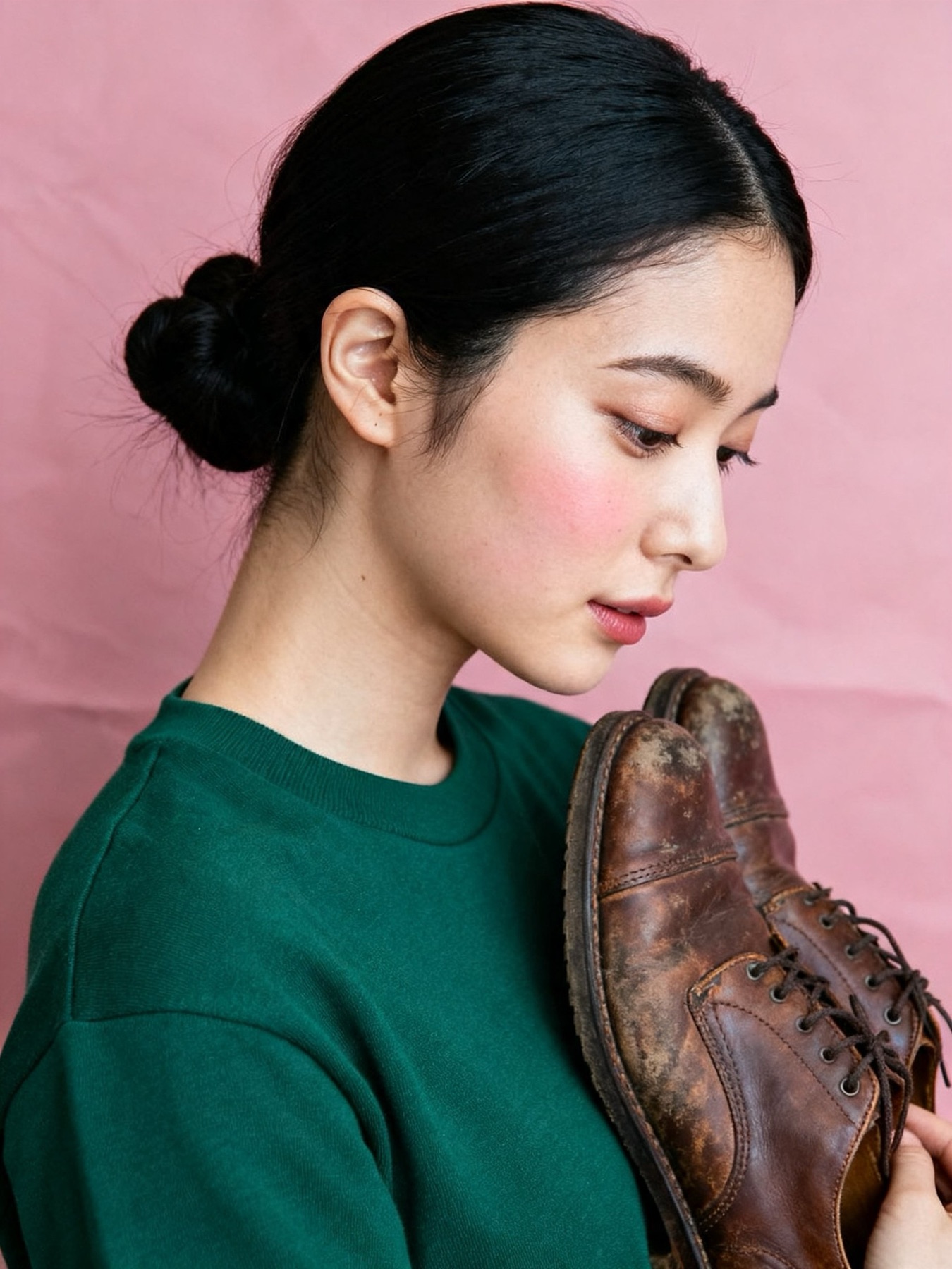 フォーリーアーティスト・30代女性。古い革靴を両手に持つ（イメージ・架空の人物）