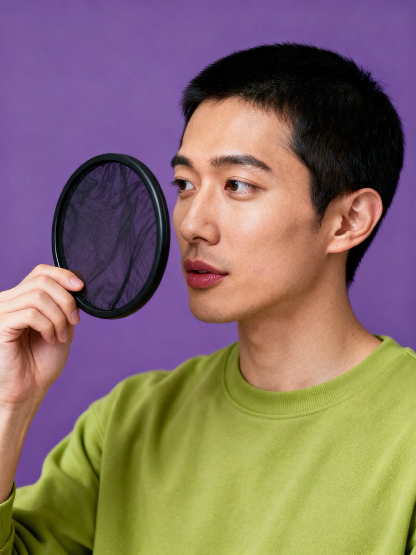 声のキャスティング担当・30代男性。ポップガードを持つ（イメージ・架空の人物）