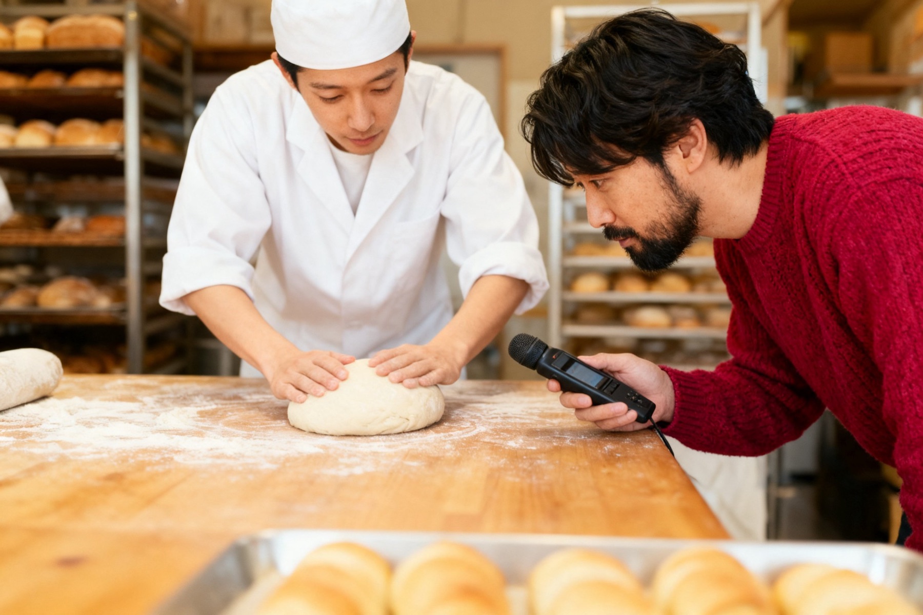 早朝のパン屋の厨房で、生地を丸めるパン職人の横から作曲家が録音機を向けている（イメージ）