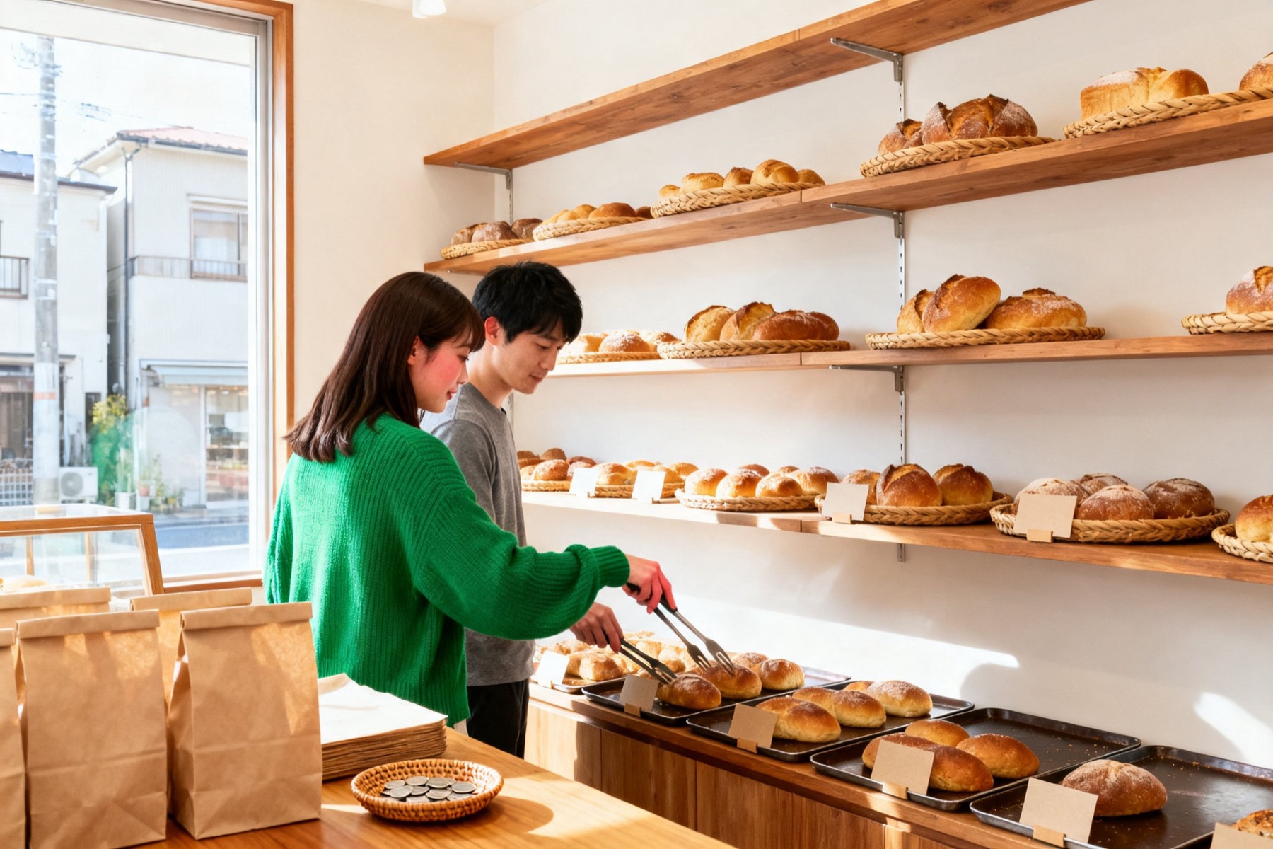 午後のパン屋の店内。パンを選ぶお客さまの後ろ姿（イメージ）