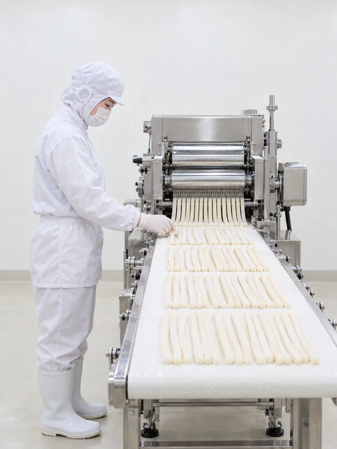 製麺ラインで麺の太さを確かめる製造の社員