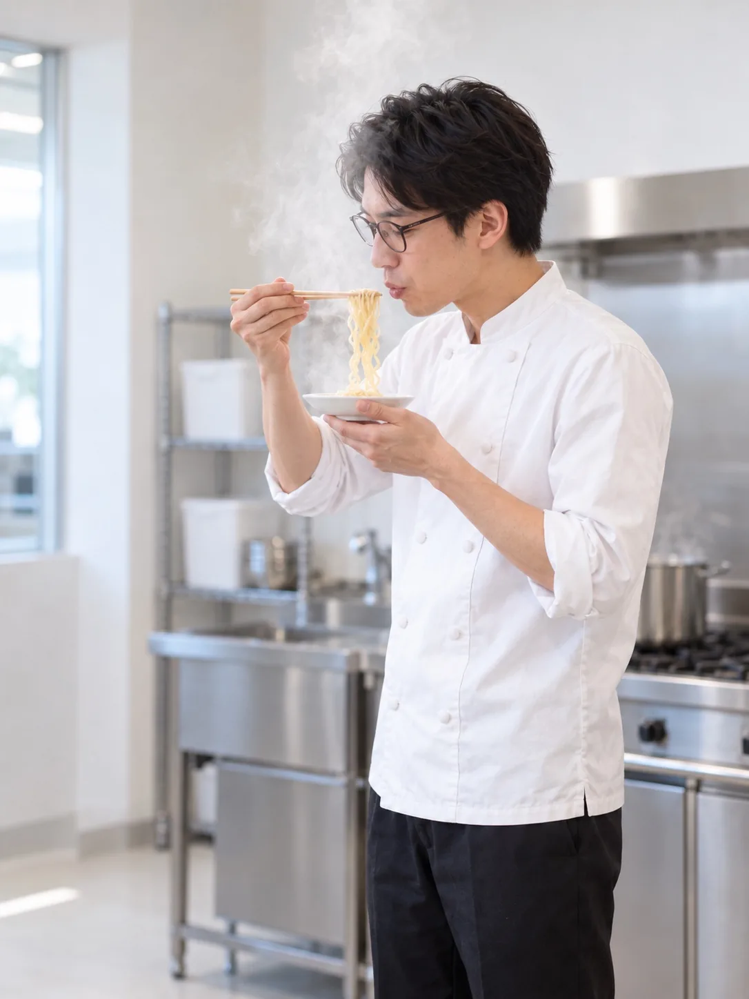 試作室で湯気の立つ麺をすする商品開発の社員
