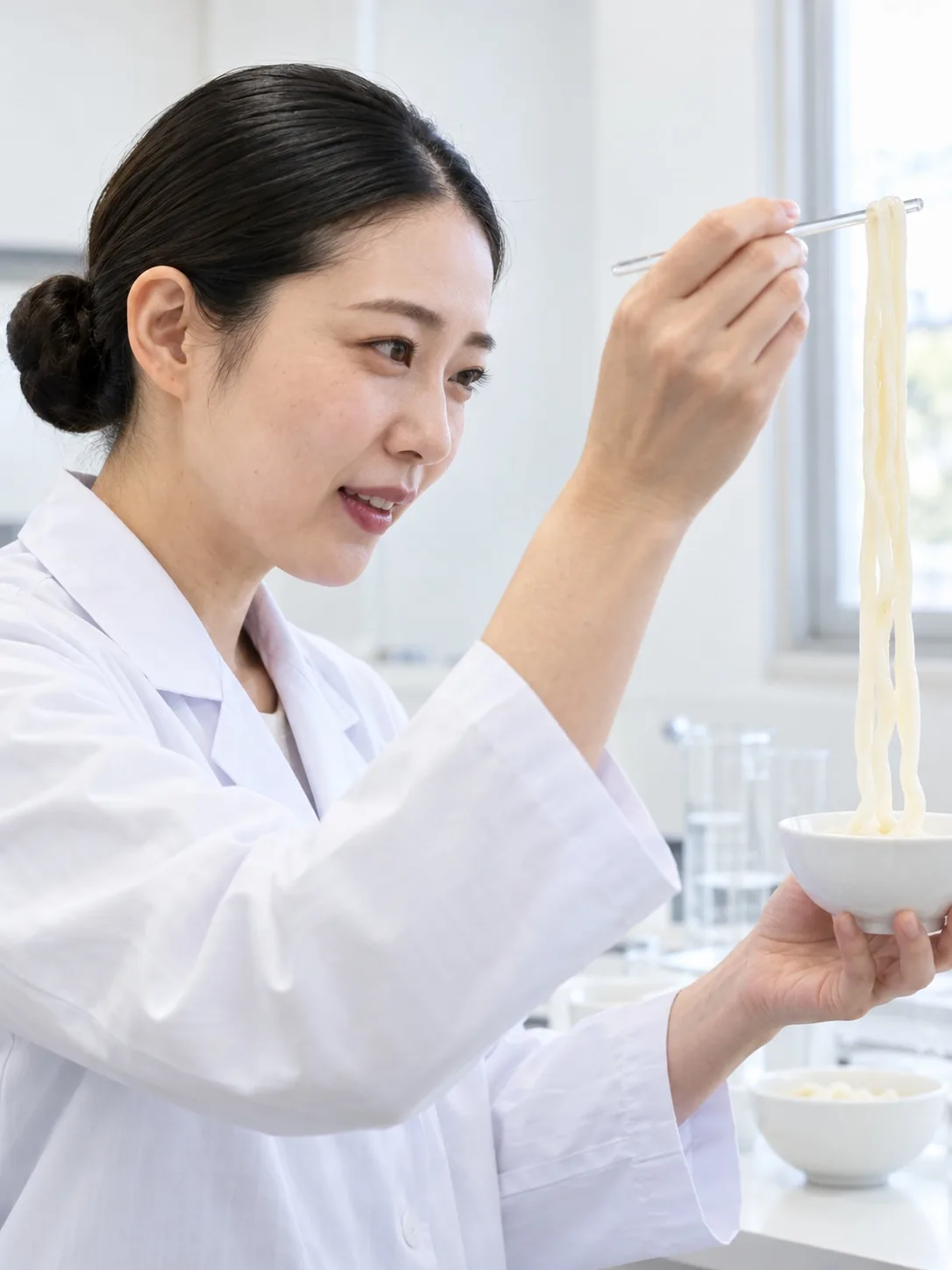 ゆでた麺ののびを確かめる品質管理の社員