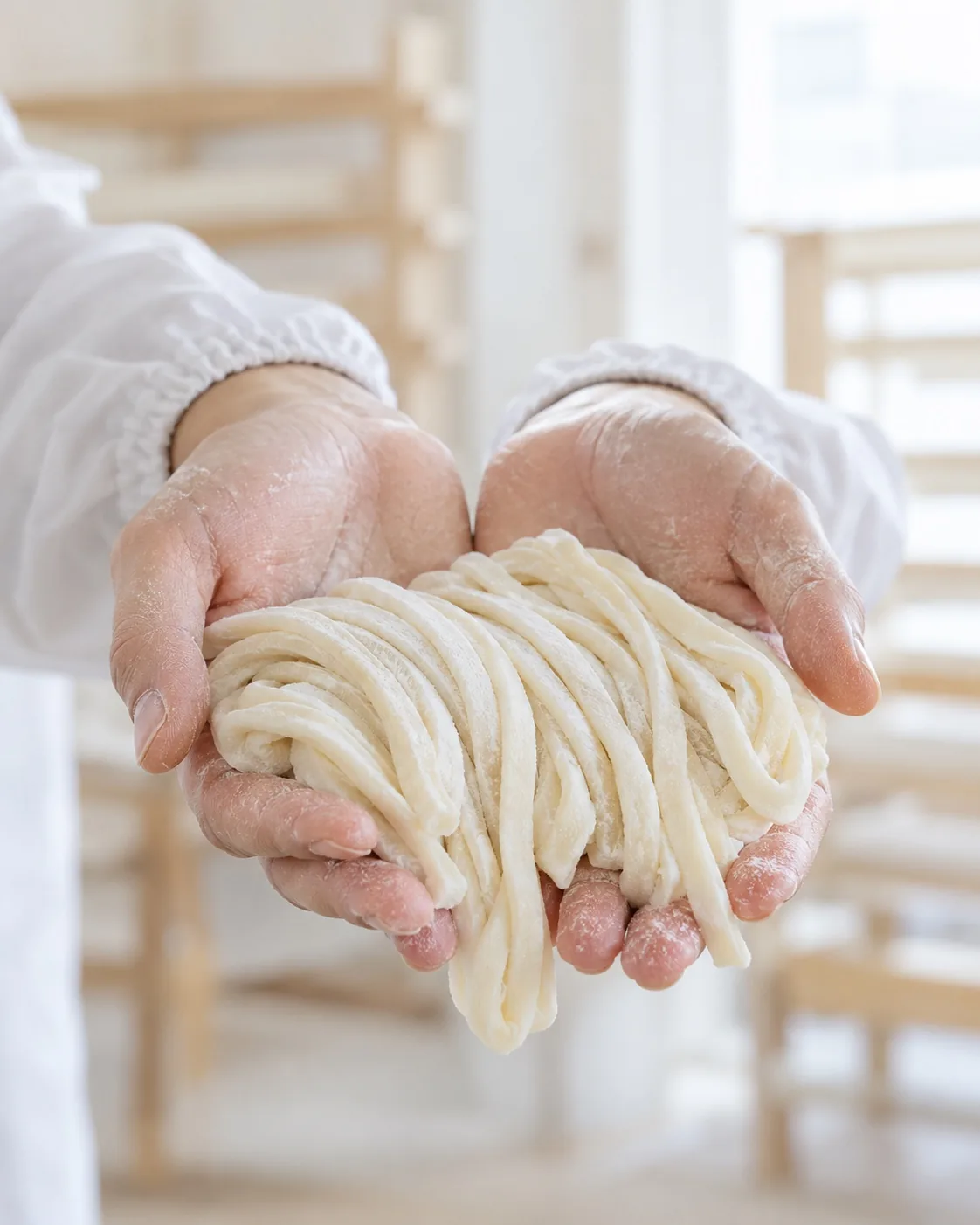切りたてのうどんを両手で受ける作業着の手